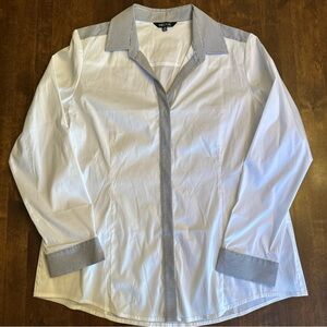 Misook Striped Trim Stretch Cotton Button-Up Shirt M White Black Office Career